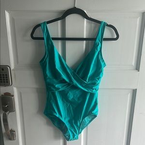 Tahari Blue One Piece Swimsuit with V-Neck and Supportive Straps